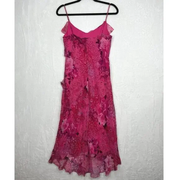 VTG City Triangles Slip Dress 90s Y2K Pink Floral Midi Ruffle Trim Fairy Sz 11 - Picture 2 of 14